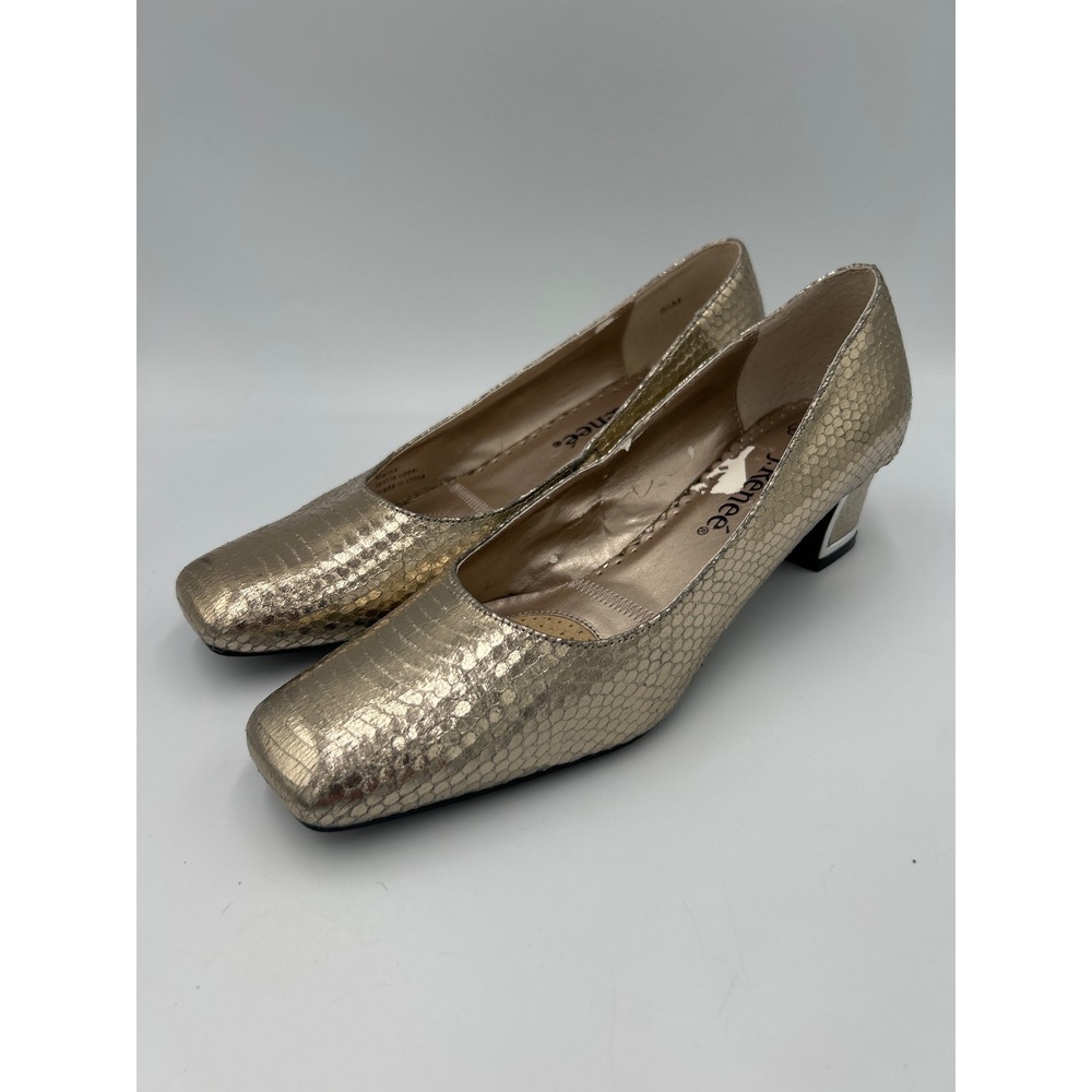 J Renee Gold Snakeskin Embossed Leather Square Toe Block Heel Pumps Size 8.5M